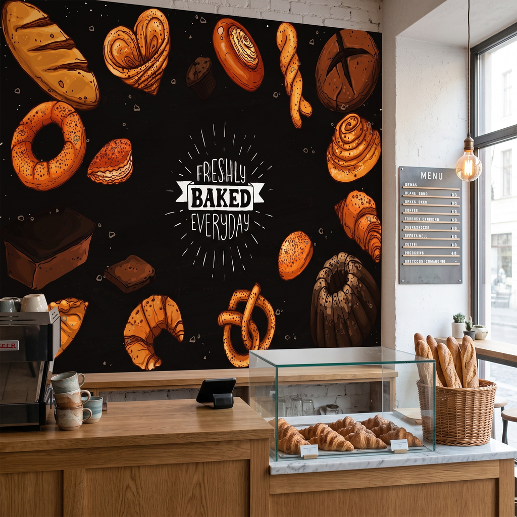 Ahşap kafe tezgahı ve kahve makinesi arkasında tercih edilen kara tahta efektli fırın ve pastane duvar muralı