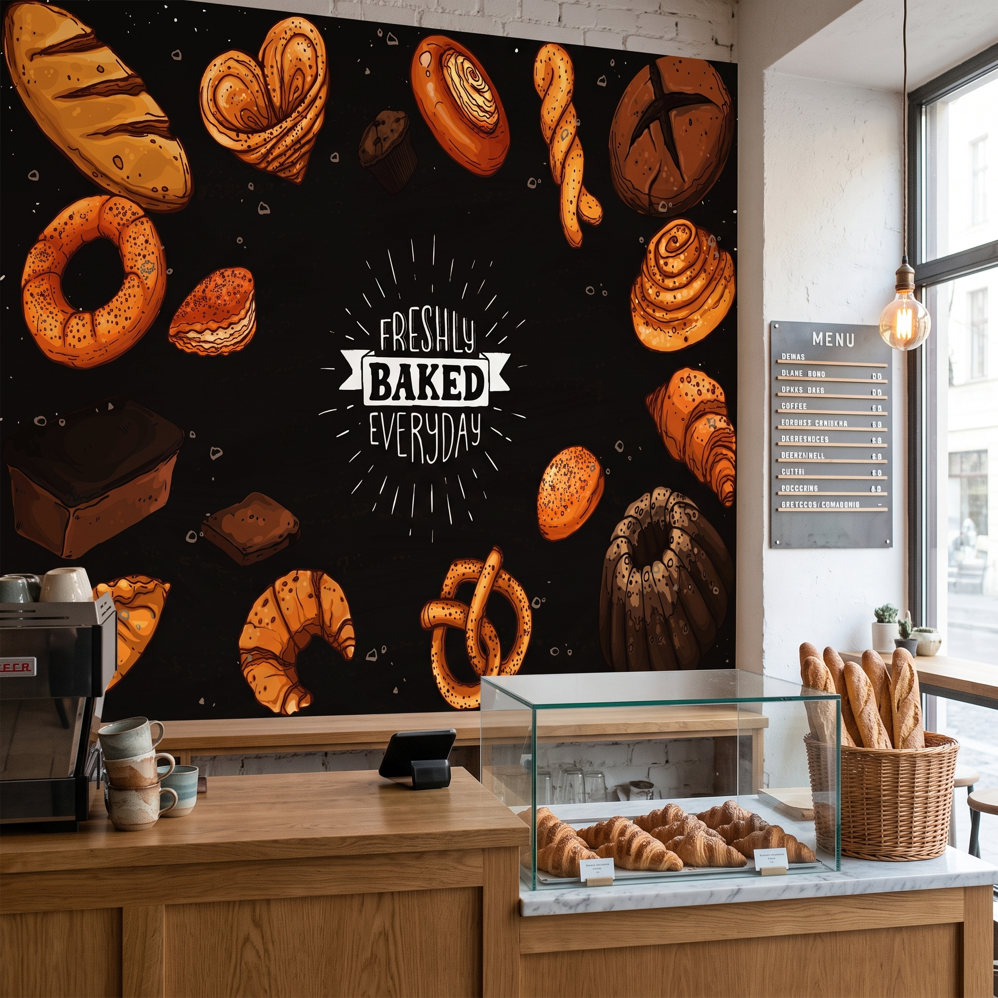 Ahşap kafe tezgahı ve kahve makinesi arkasında tercih edilen kara tahta efektli fırın ve pastane duvar muralı