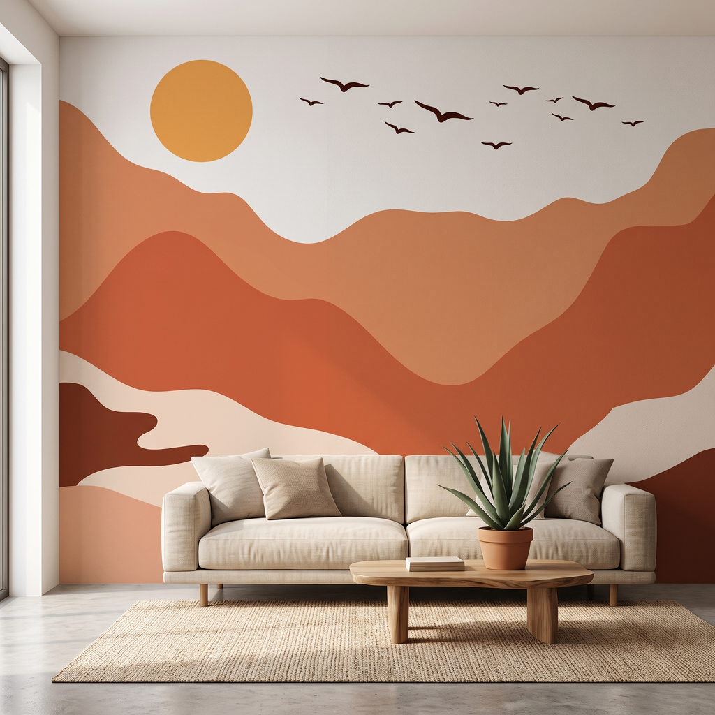 Boho tarzı kiremit tonlarında minimalist oturma odası duvar dekorasyonu