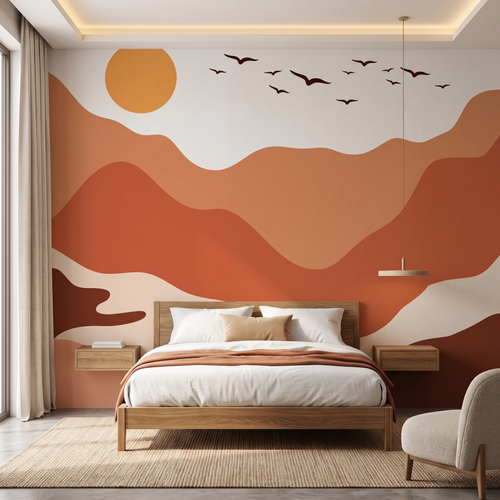 Çocuk odasında modern gün batımı ve kuş desenli duvar kağıdı tasarımı