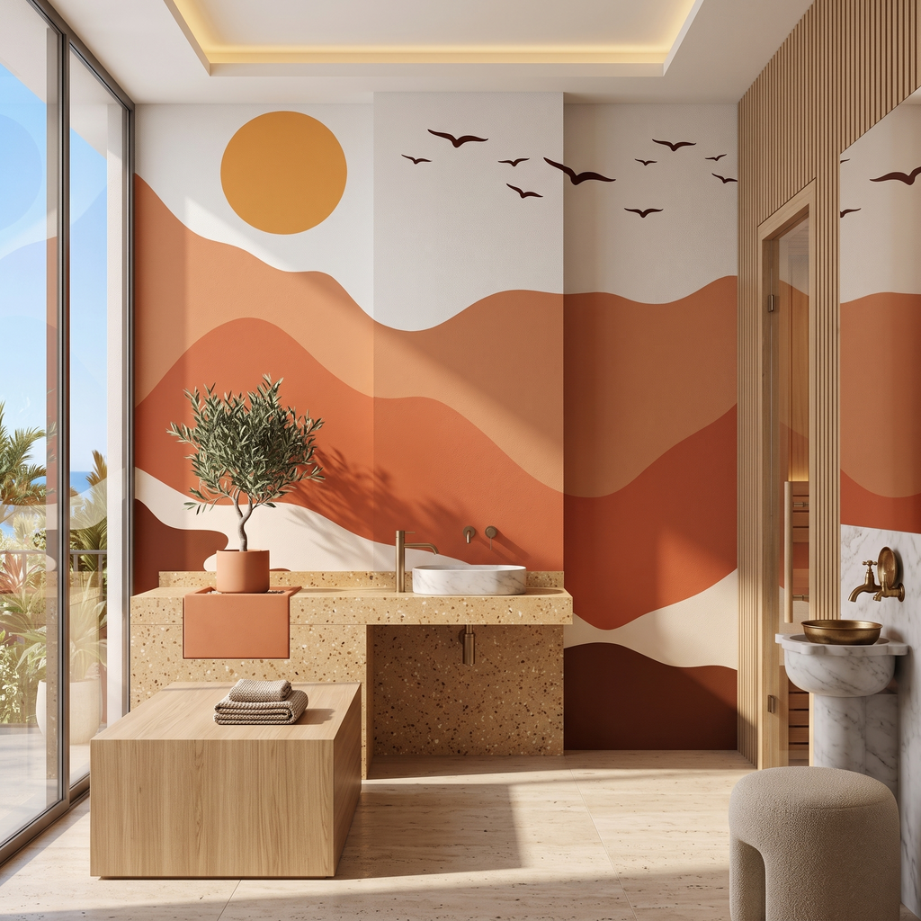 Boho tarzı modern banyo duvar dekorasyonu