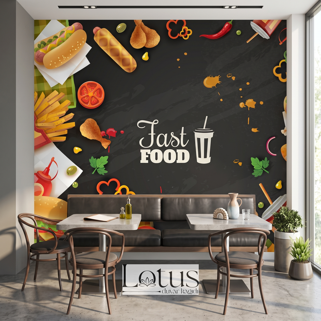 Deri koltuklu ve ahşap masalı restoranda uygulanan siyah zeminli hamburger ve fast food desenli duvar kağıdı