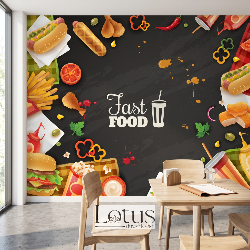 Açık ahşap masa ve sandalyeler arkasında tercih edilen kara tahta efektli Fast Food yazılı restoran duvar muralı