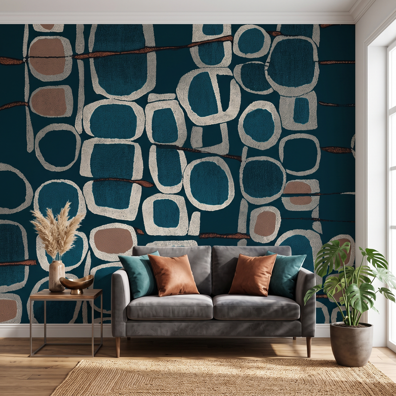 Modern petrol mavisi soyut geometrik desenli salon duvar kağıdı uygulaması