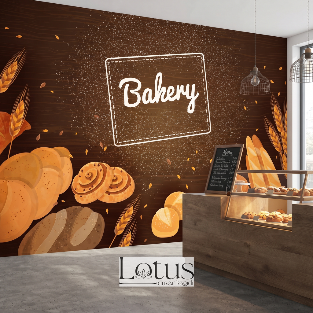Ahşap fırın tezgahı ve cam vitrin arkasında uygulanan koyu ahşap zeminli Bakery yazılı duvar kağıdı