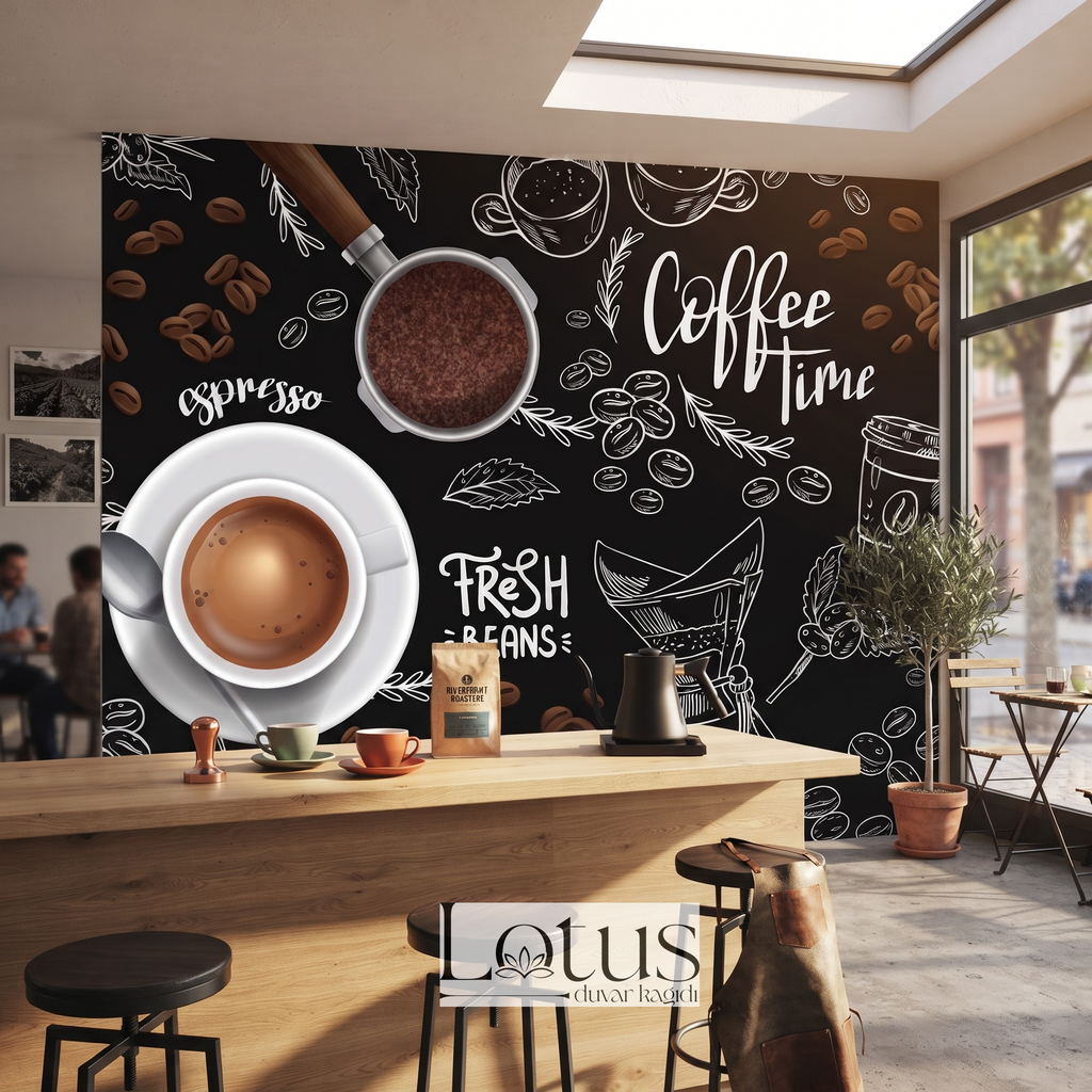 Ahşap bar tezgahı ve siyah tabureler arkasında uygulanan siyah zeminli kahve ve espresso desenli kafe duvar kağıdı