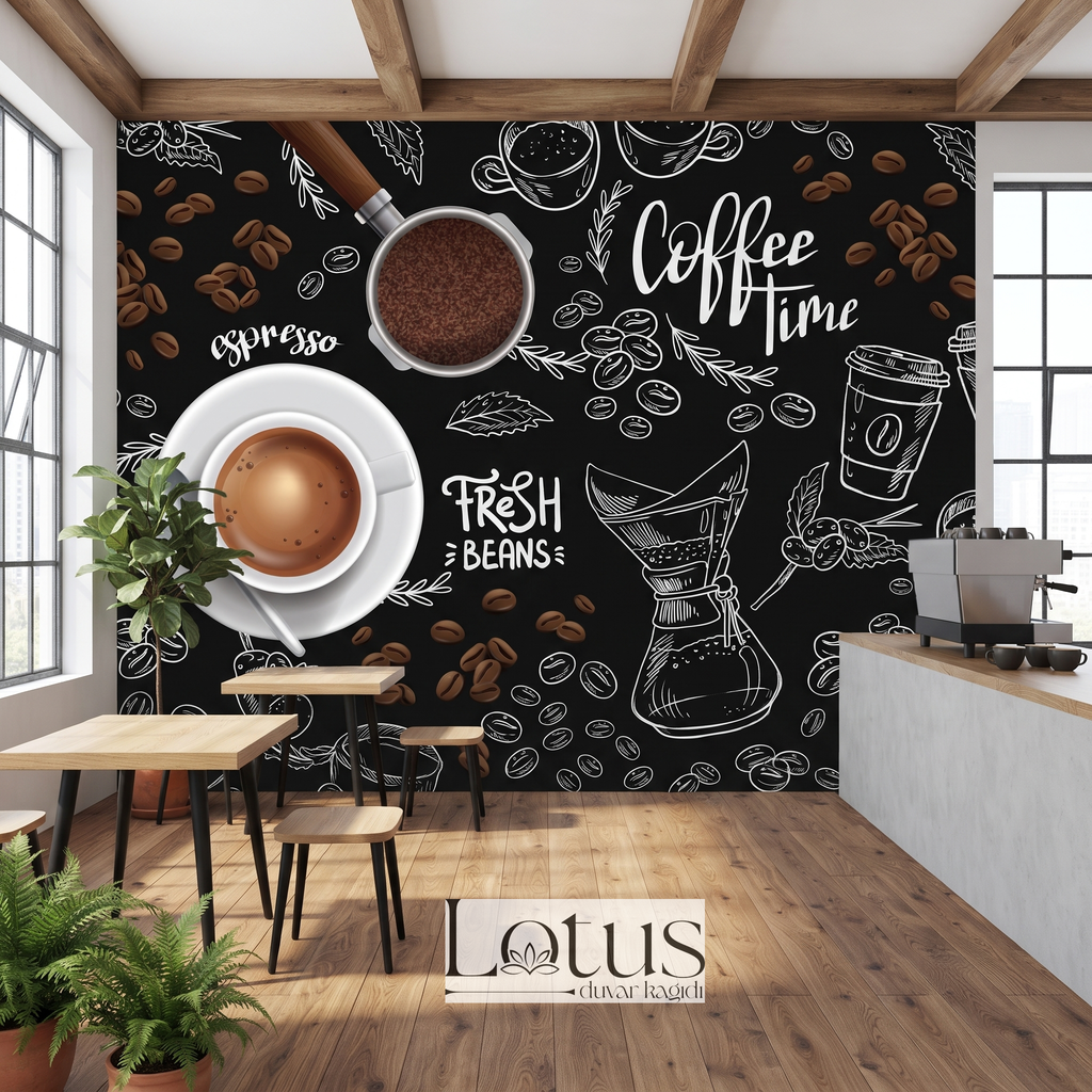Ahşap masa ve sandalyeler arkasında tercih edilen kara tahta efektli Coffee Time desenli kafe duvar muralı