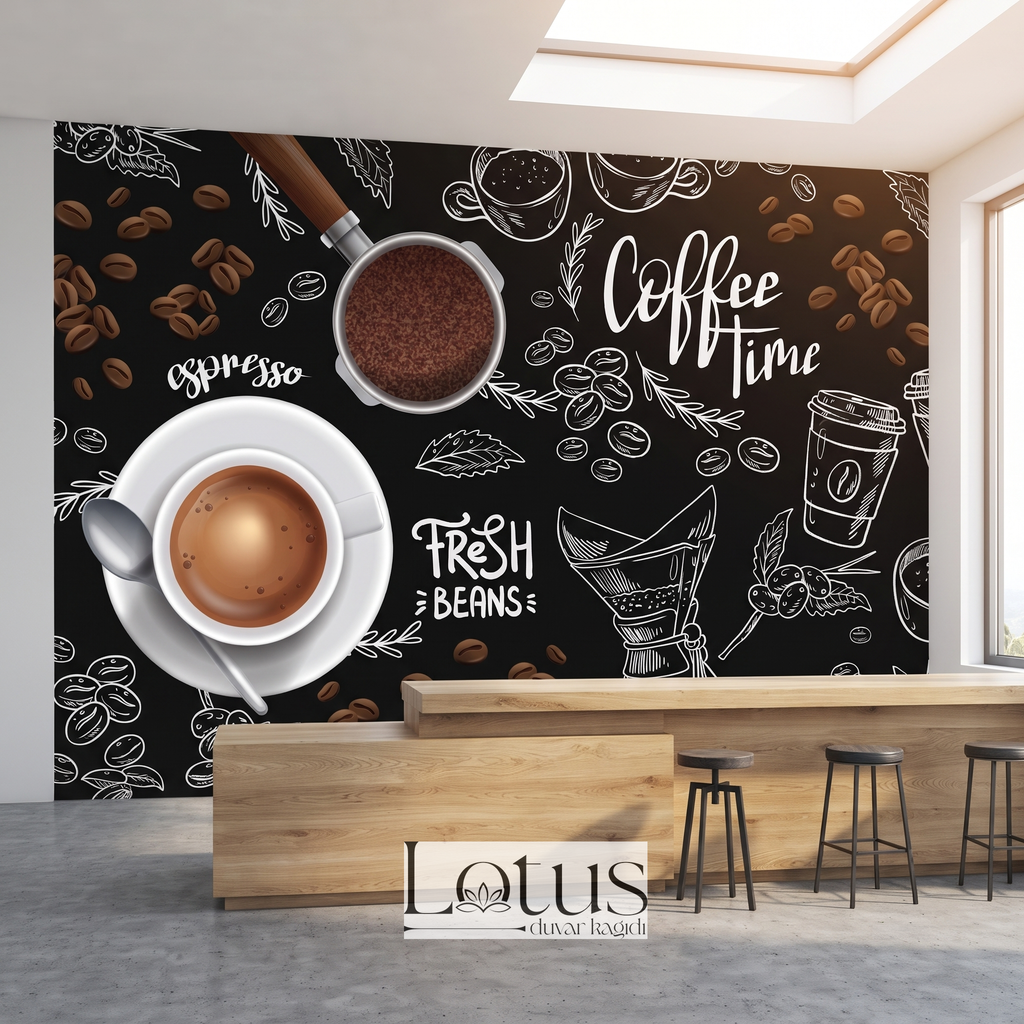 Ahşap barista tezgahı ve siyah tabureler arkasında kullanılan siyah zeminli kahve çekirdeği desenli kafe duvar kağıdı
