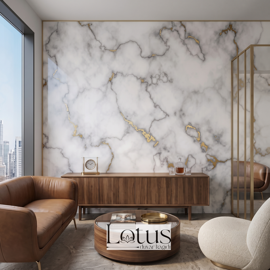 Taba deri koltuk ve ceviz konsol arkasında tercih edilen gold damarlı mermer efektli lüks salon duvar muralı