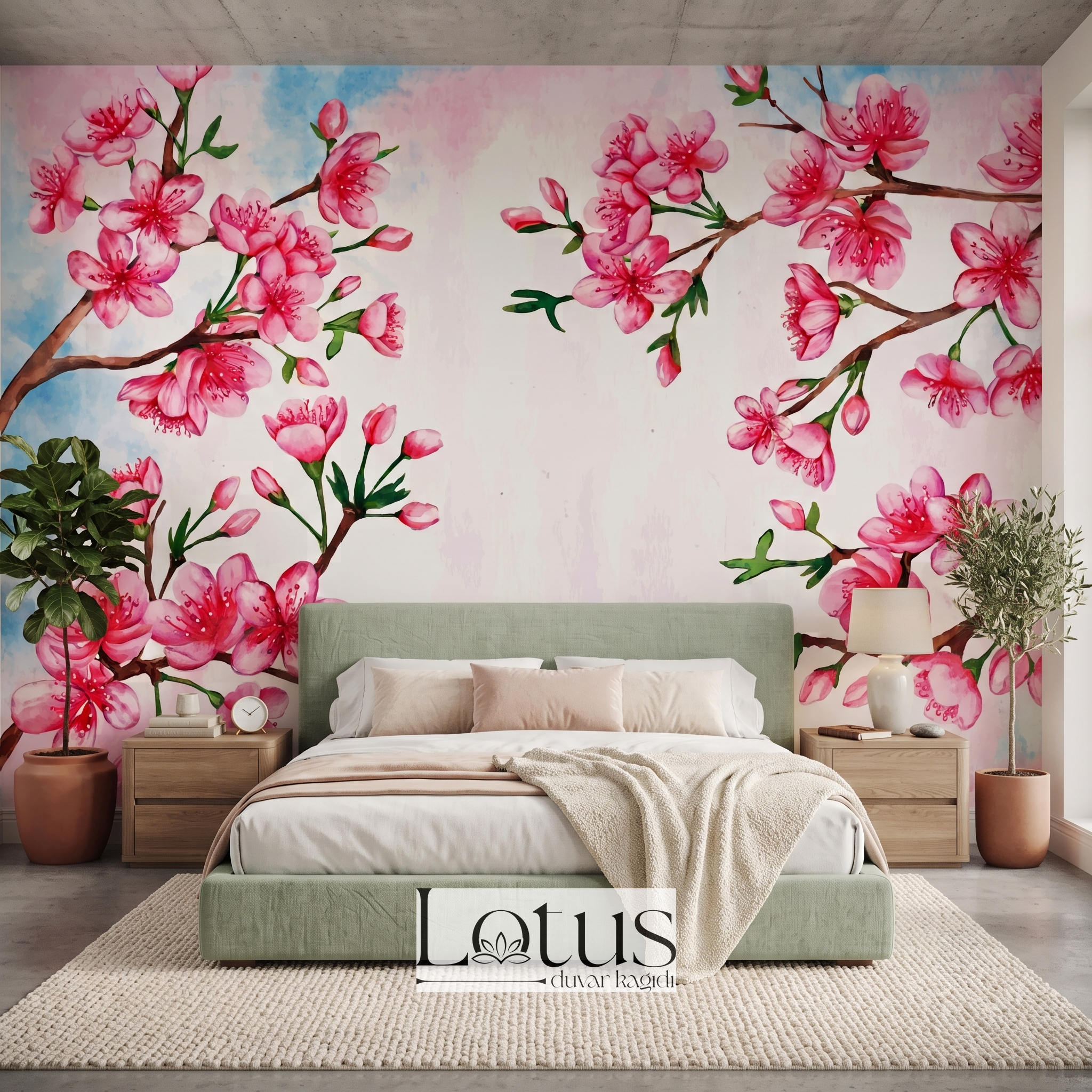 Adaçayı yeşili yatak başlığı arkasında tercih edilen sulu boya pembe sakura çiçekli yatak odası duvar muralı