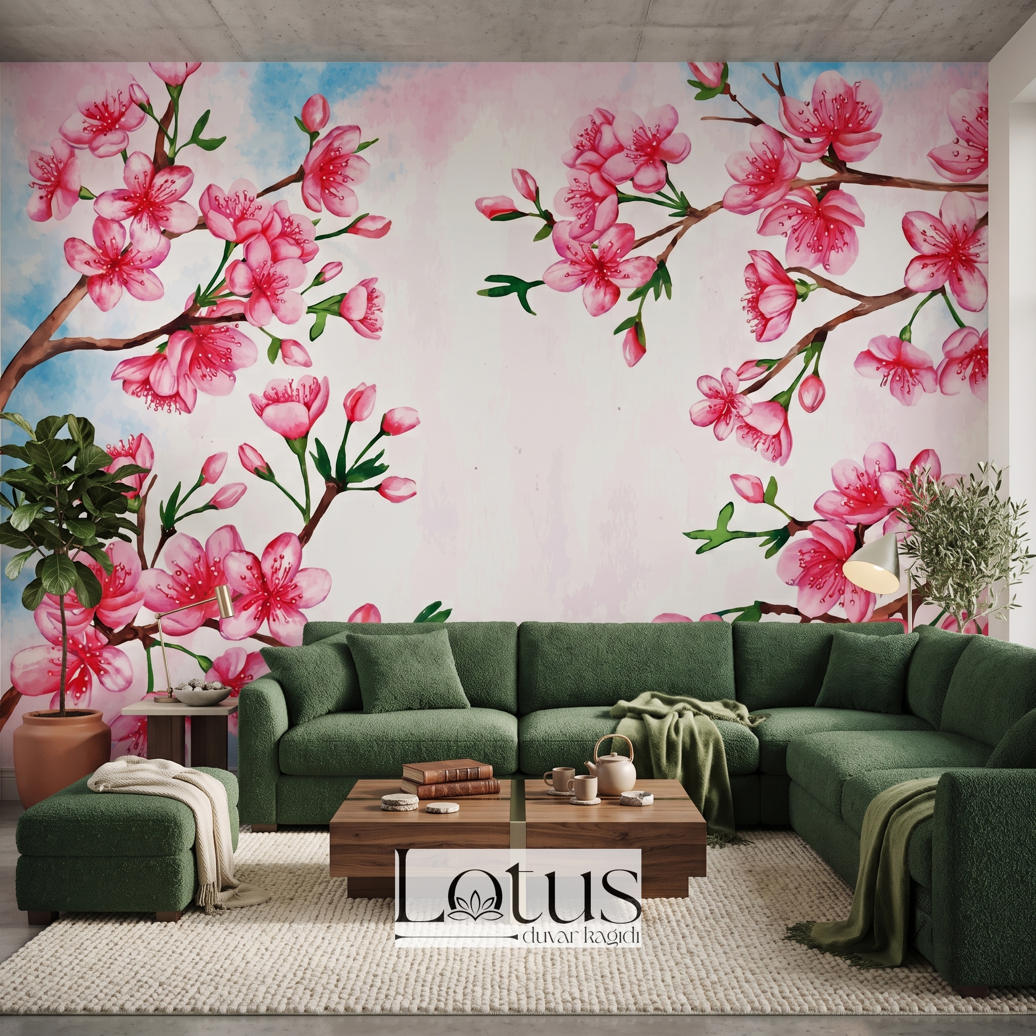 Koyu yeşil köşe koltuk takımı ve ahşap sehpa arkasında uygulanan pembe kiraz çiçeği desenli salon duvar kağıdı