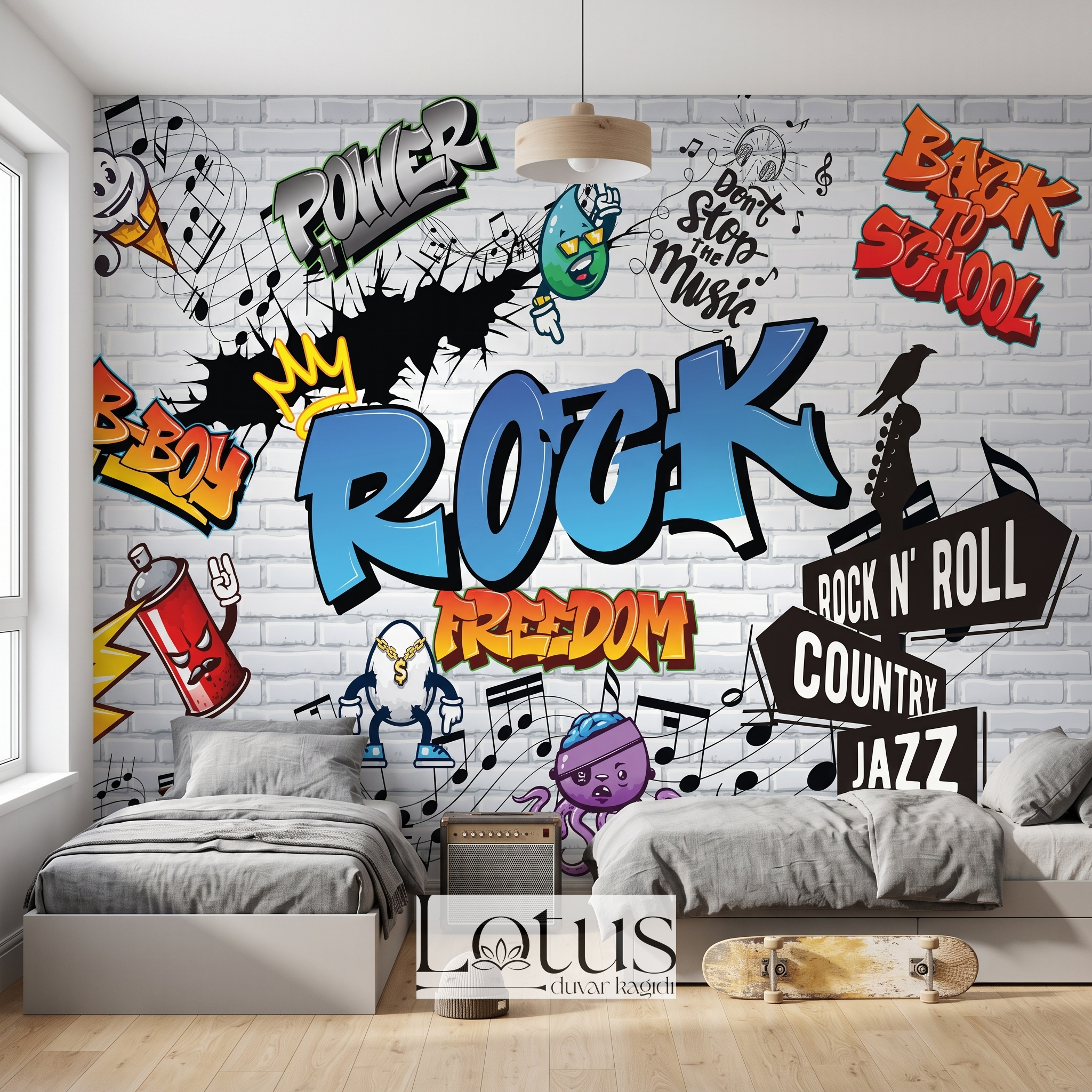 İki adet gri yatak ve kaykay arkasında uygulanan Rock yazılı beyaz tuğla desenli genç odası duvar kağıdı