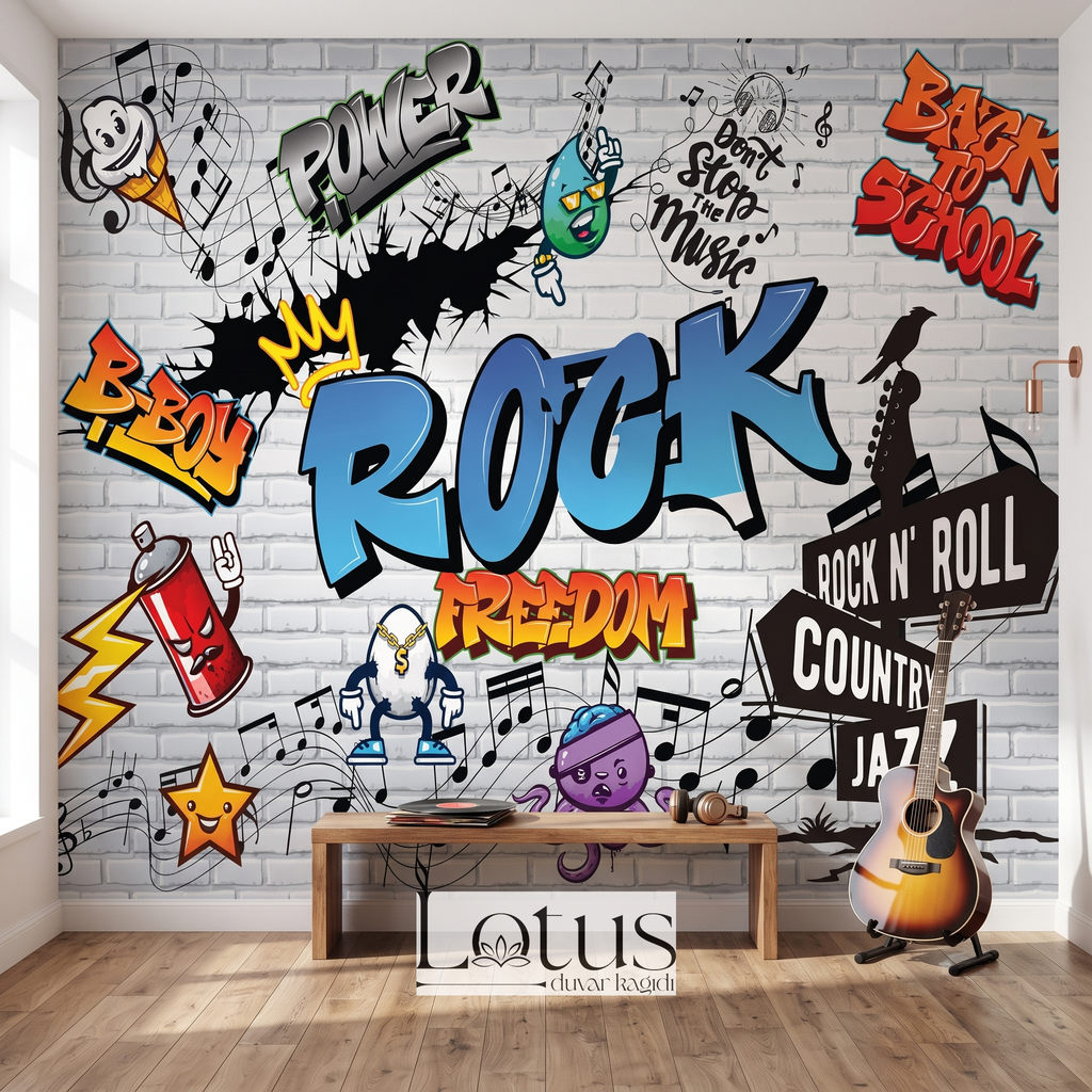 Ahşap bank ve akustik gitar arkasında tercih edilen müzik ve graffiti desenli genç odası duvar muralı