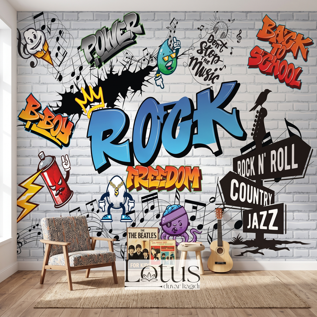 Ahşap berjer ve akustik gitar yanında kullanılan beyaz tuğla zeminli Rock yazılı graffiti çocuk odası duvar kağıdı