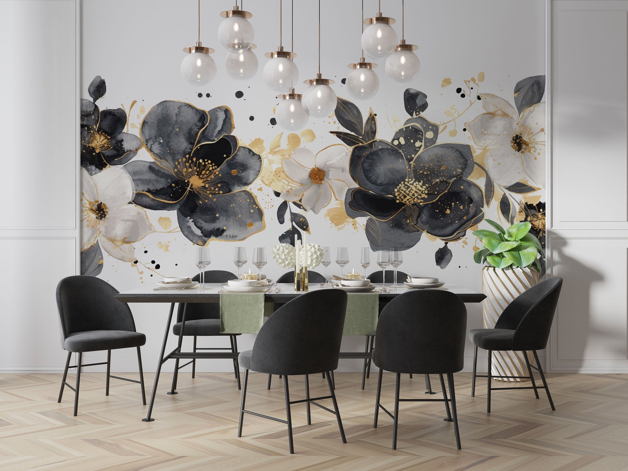 Modern Siyah ve Altın Çiçekli Duvar Kağıdı Mural - Lüks Yemek Odası Dekorasyonu