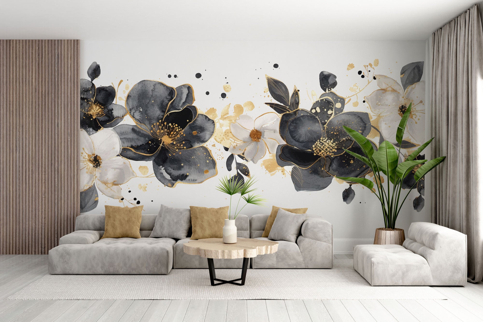 Modern Siyah ve Altın Çiçekli Duvar Kağıdı Mural - Lüks Yemek Odası Dekorasyonu