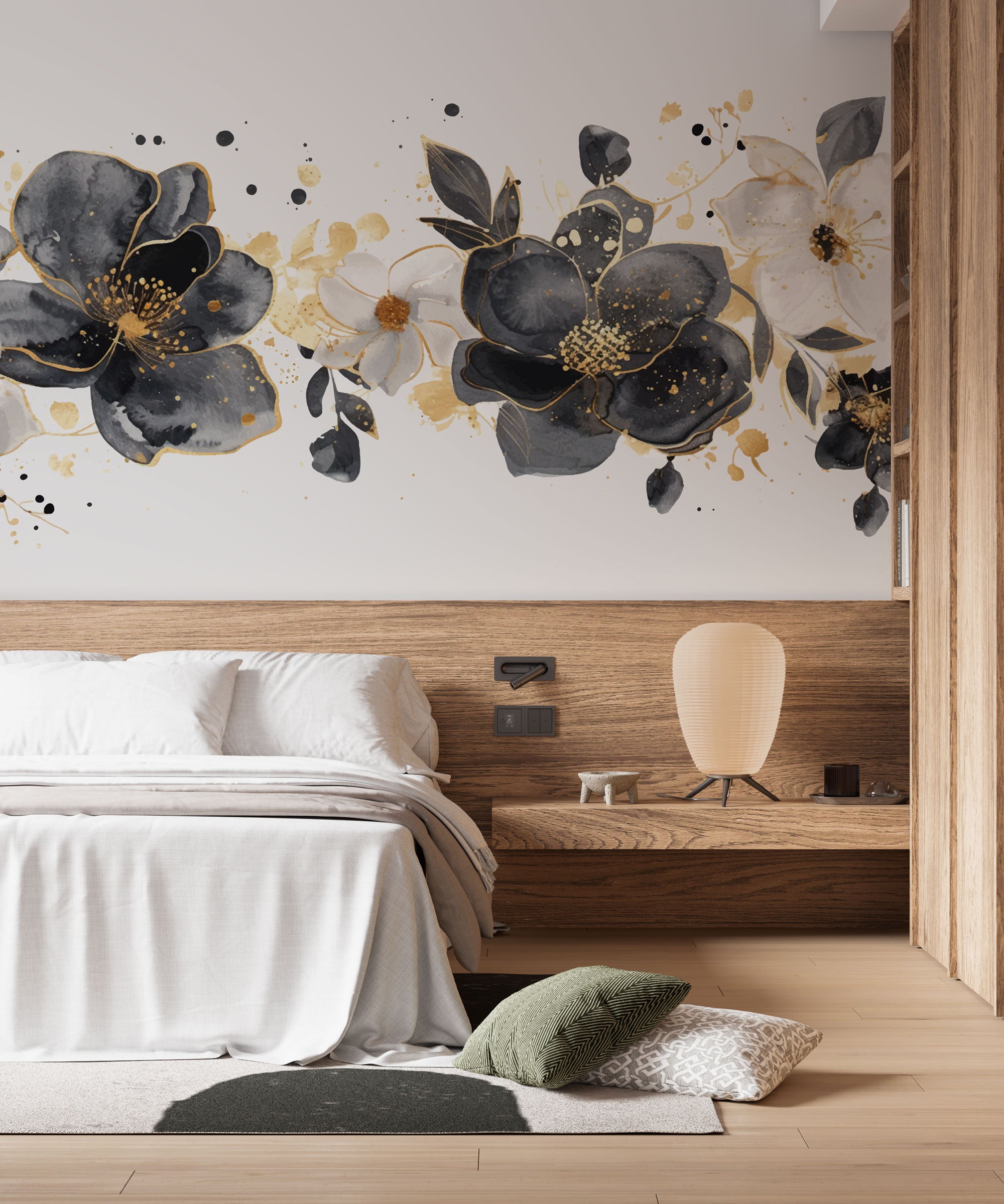 Modern Siyah ve Altın Çiçekli Duvar Kağıdı Mural - Lüks Yemek Odası Dekorasyonu