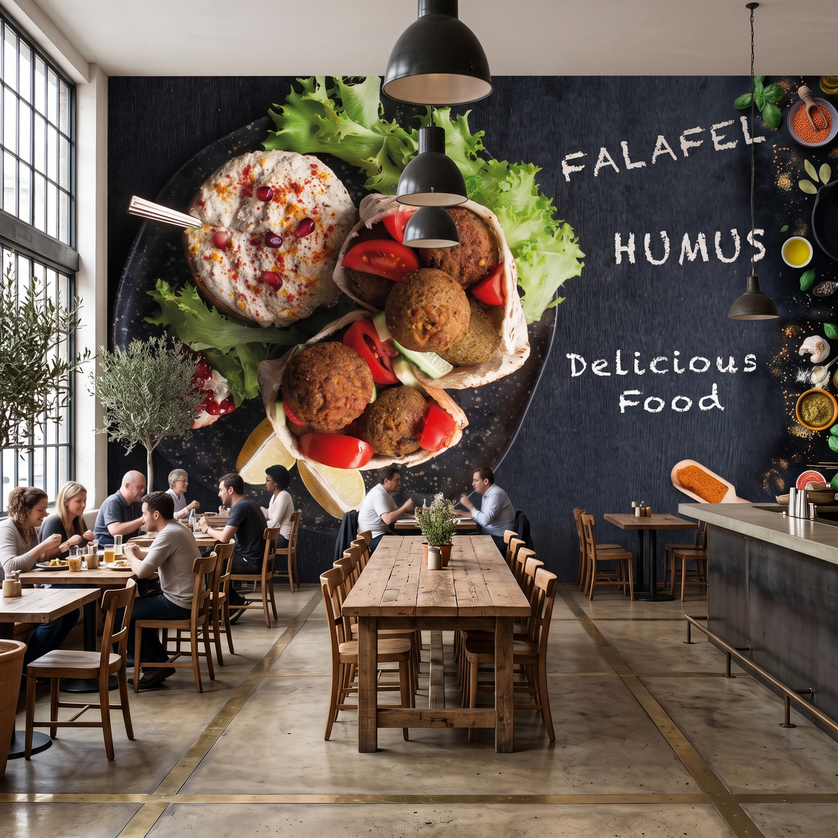 Ahşap uzun masa ve siyah sarkıt lambalar arkasında tercih edilen kara tahta efektli Falafel desenli kafe duvar muralı