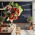 Ahşap tezgah ve tabureler arkasında kullanılan siyah zeminli Falafel, Humus ve baharat illüstrasyonlu duvar kağıdı