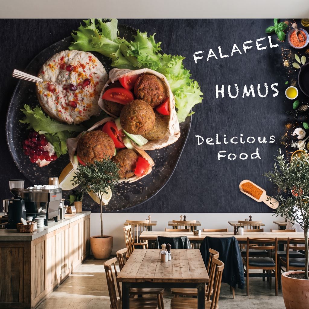Ahşap masalar ve sandalyeler arkasında uygulanan siyah zeminli Falafel ve Humus desenli restoran duvar kağıdı