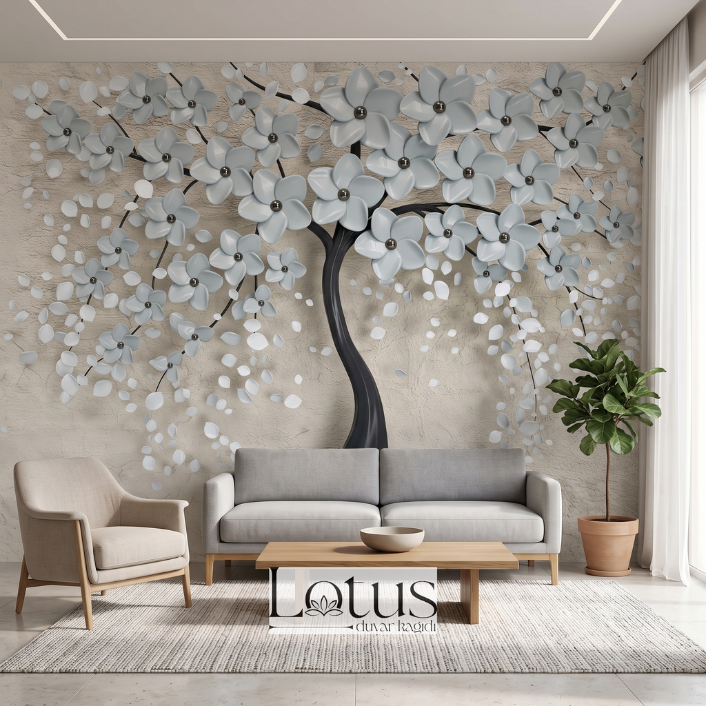 Gri koltuk ve ahşap sehpa arkasında tercih edilen taş dokulu 3D kabartma çiçek ağacı desenli salon duvar muralı