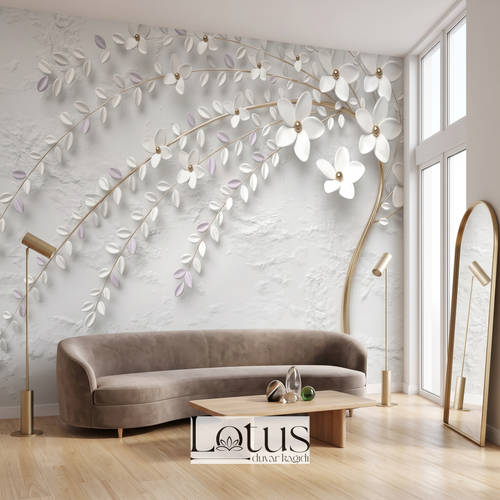 Vizon rengi kavisli koltuk ve gold lambaderler arkasında tercih edilen 3D beyaz çiçek ve dal desenli salon duvar muralı