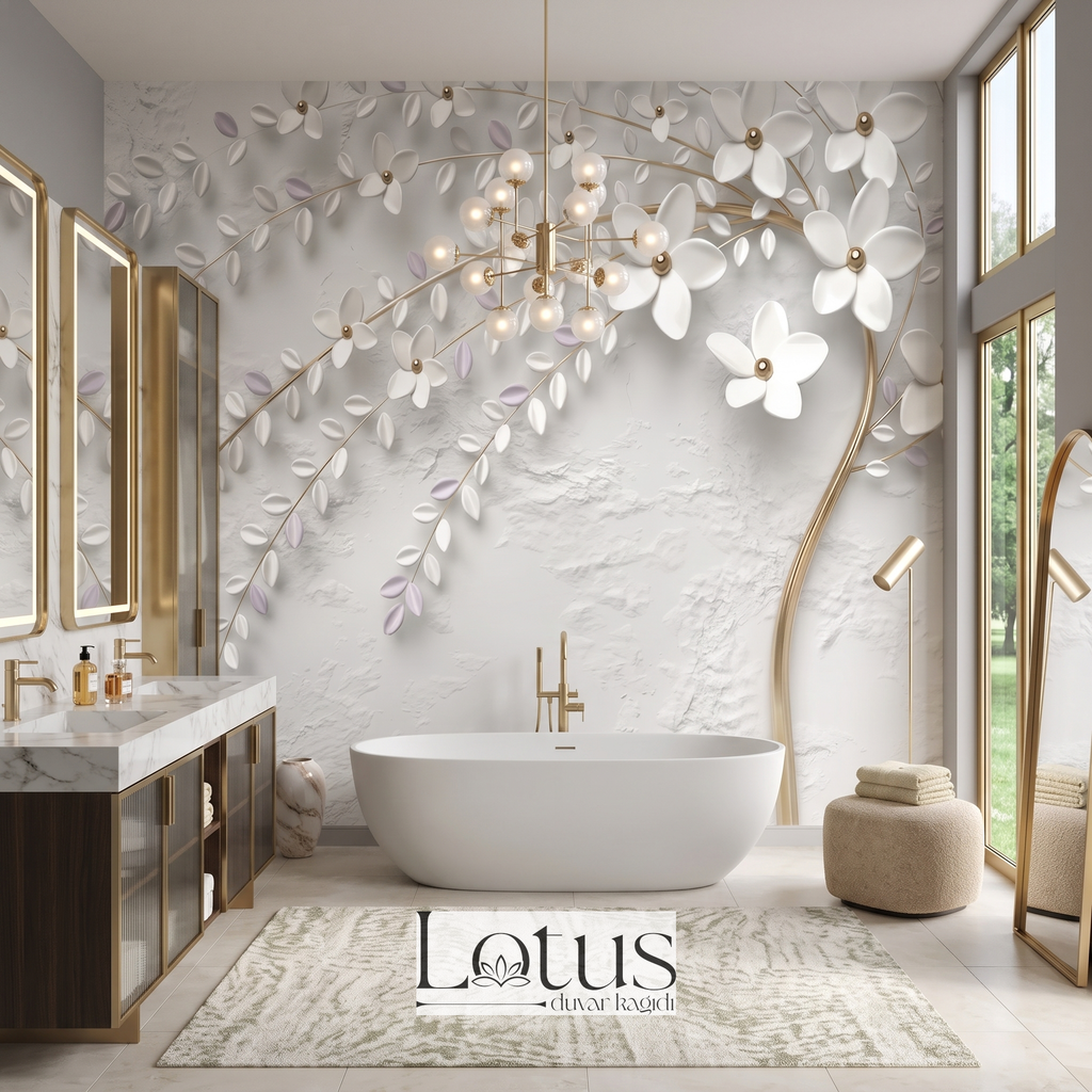 Beyaz ayaklı küvet ve gold banyo armatürleri arkasında uygulanan 3D kabartma beyaz çiçekli lüks banyo duvar kağıdı