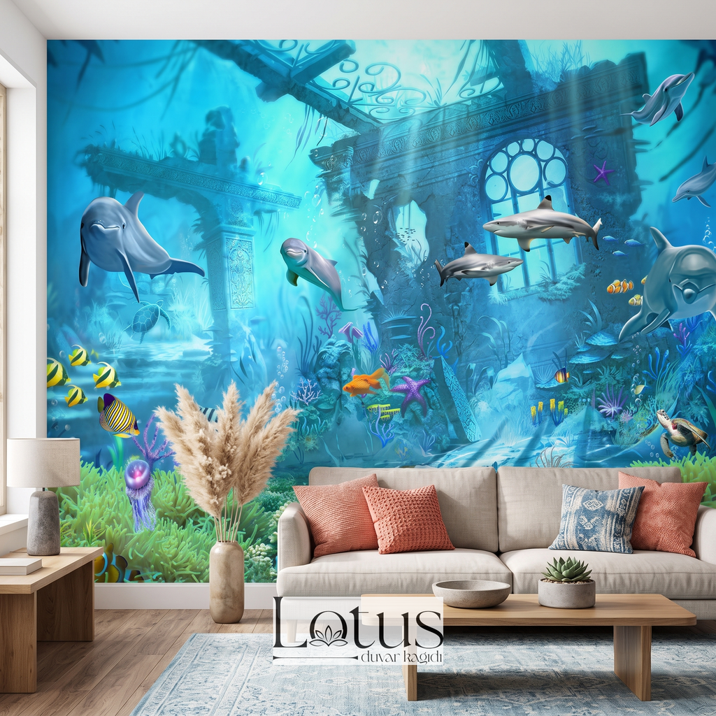 Krem kumaş koltuk takımı arkasında tercih edilen 3D deniz altı akvaryum ve mercan kayalığı desenli salon duvar muralı