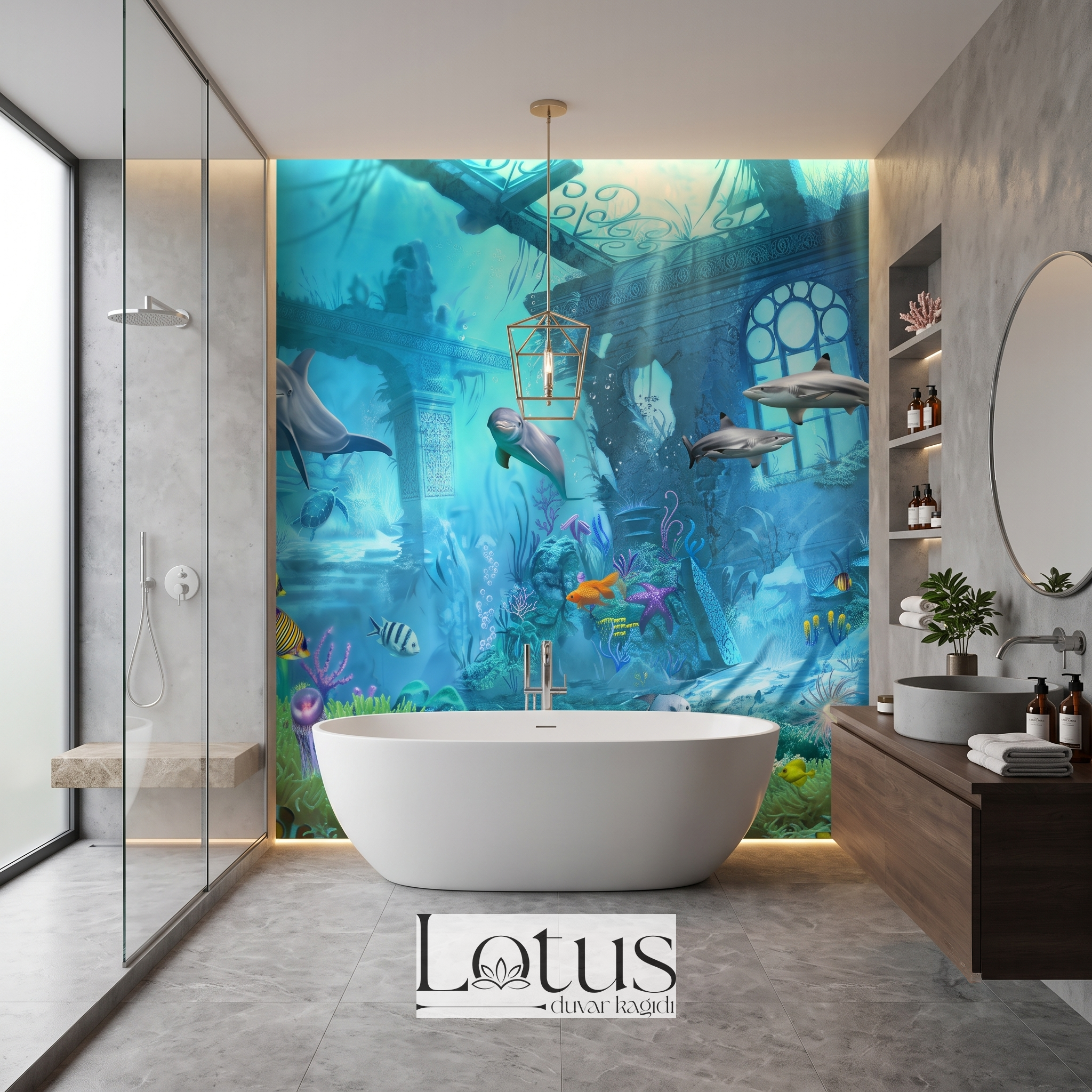Beyaz ayaklı küvet arkasında uygulanan yunus balıklı ve akvaryum desenli 3D deniz altı banyo duvar kağıdı