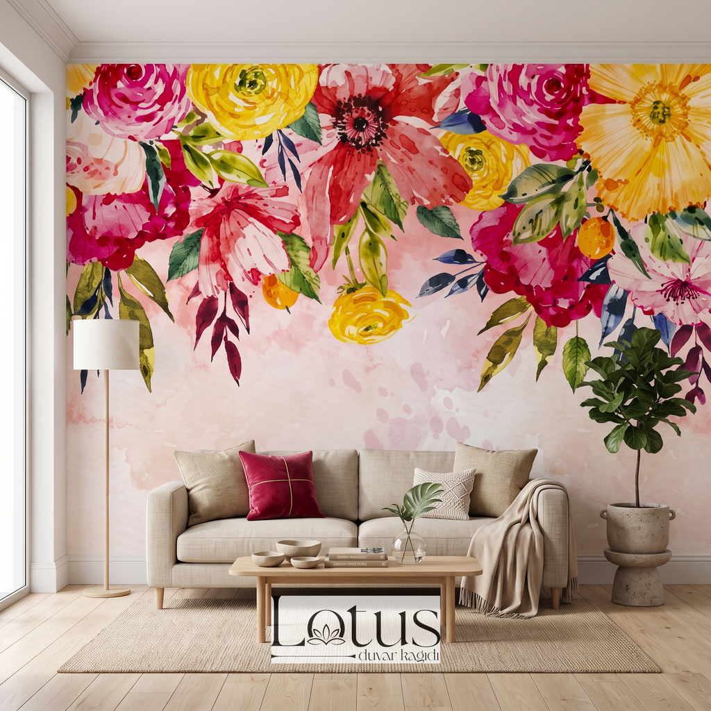 Bej kumaş koltuk takımı arkasında tercih edilen sulu boya pembe ve sarı çiçekli salon duvar muralı