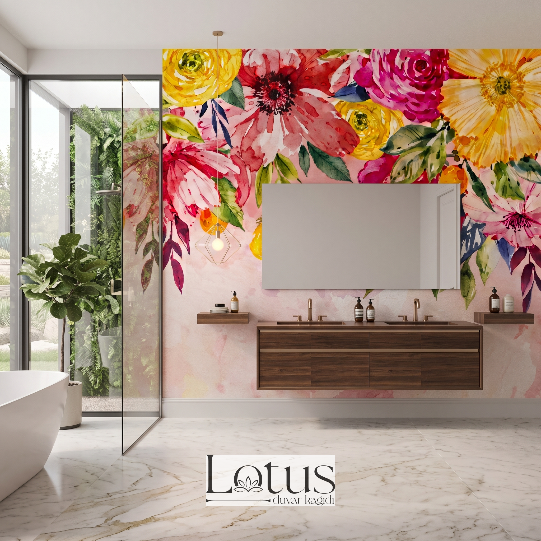 Ahşap banyo tezgahı ve ayna arkasında uygulanan sulu boya pembe ve sarı çiçekli banyo duvar kağıdı