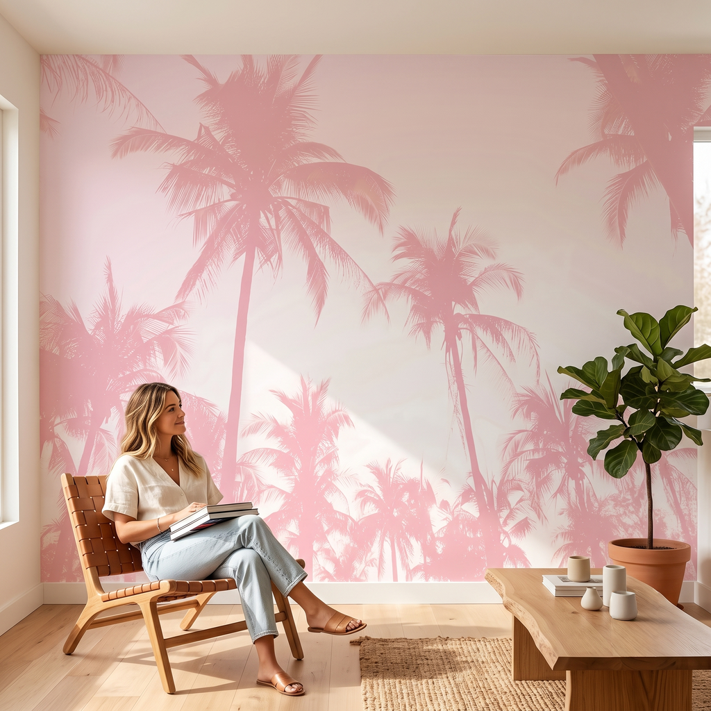 Pembe Tropikal Palmiye Yaprakları Duvar Kağıdı - Modern Boho Serisi -lot851