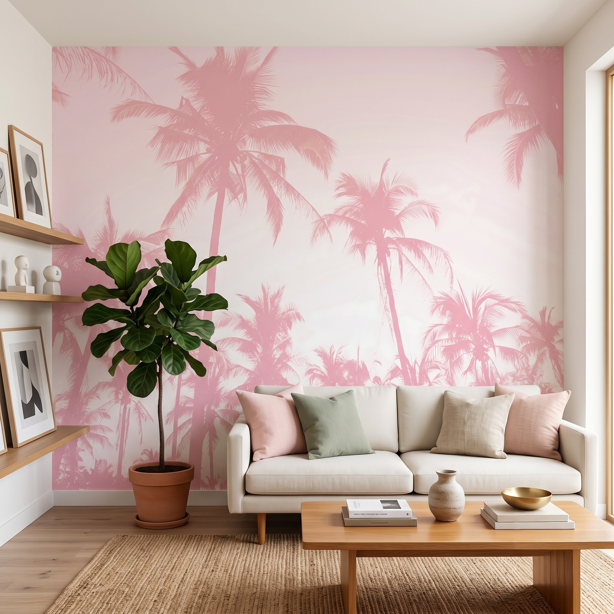 Pembe Tropikal Palmiye Yaprakları Duvar Kağıdı - Modern Boho Serisi -lot851