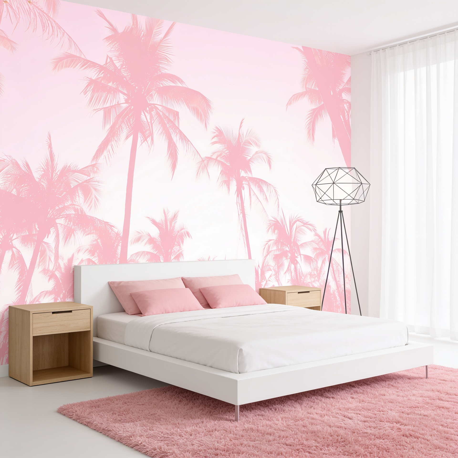 Pembe Tropikal Palmiye Yaprakları Duvar Kağıdı - Modern Boho Serisi -lot851