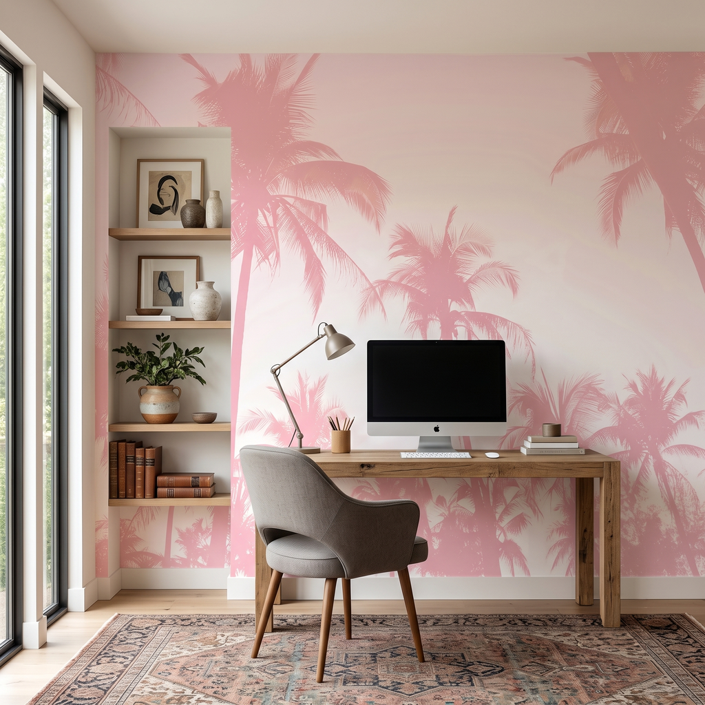 Pembe Tropikal Palmiye Yaprakları Duvar Kağıdı - Modern Boho Serisi -lot851