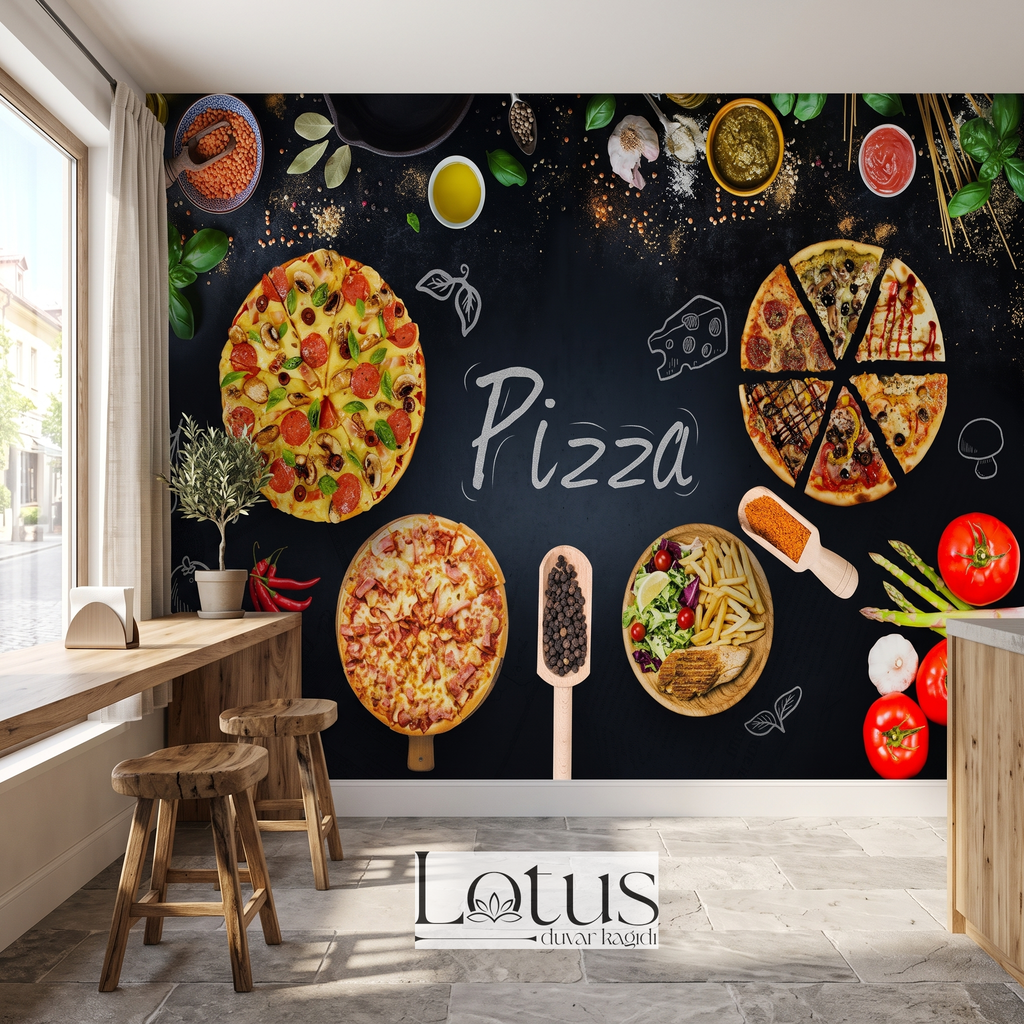 Ahşap bar masası ve tabureler yanında tercih edilen siyah zeminli pizza ve baharat görselli pizzeriya duvar kağıdı