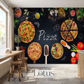 Ahşap bar masası ve tabureler yanında tercih edilen siyah zeminli pizza ve baharat görselli pizzeriya duvar kağıdı