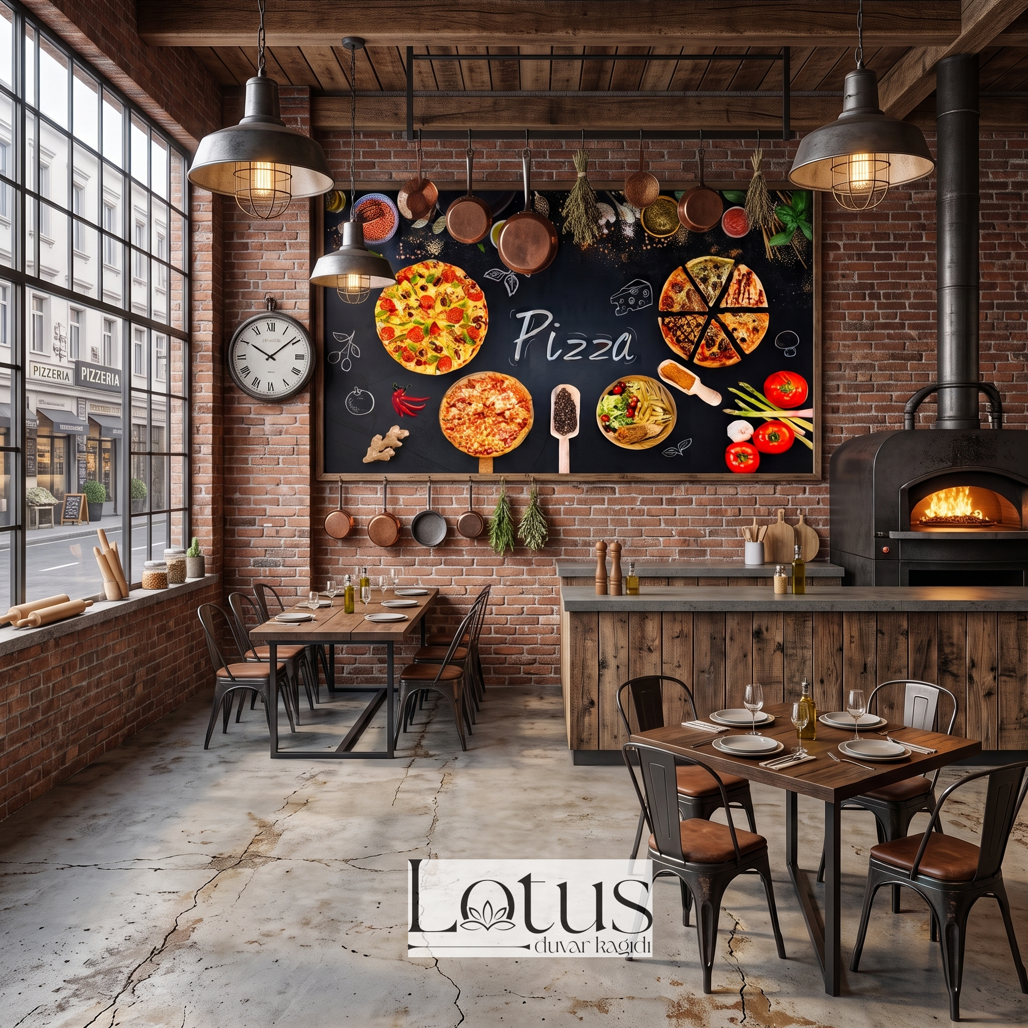 Rüstik tuğla duvarlı pizzacıda yemek masaları arkasında kullanılan kara tahta efektli pizza malzemeli duvar muralı