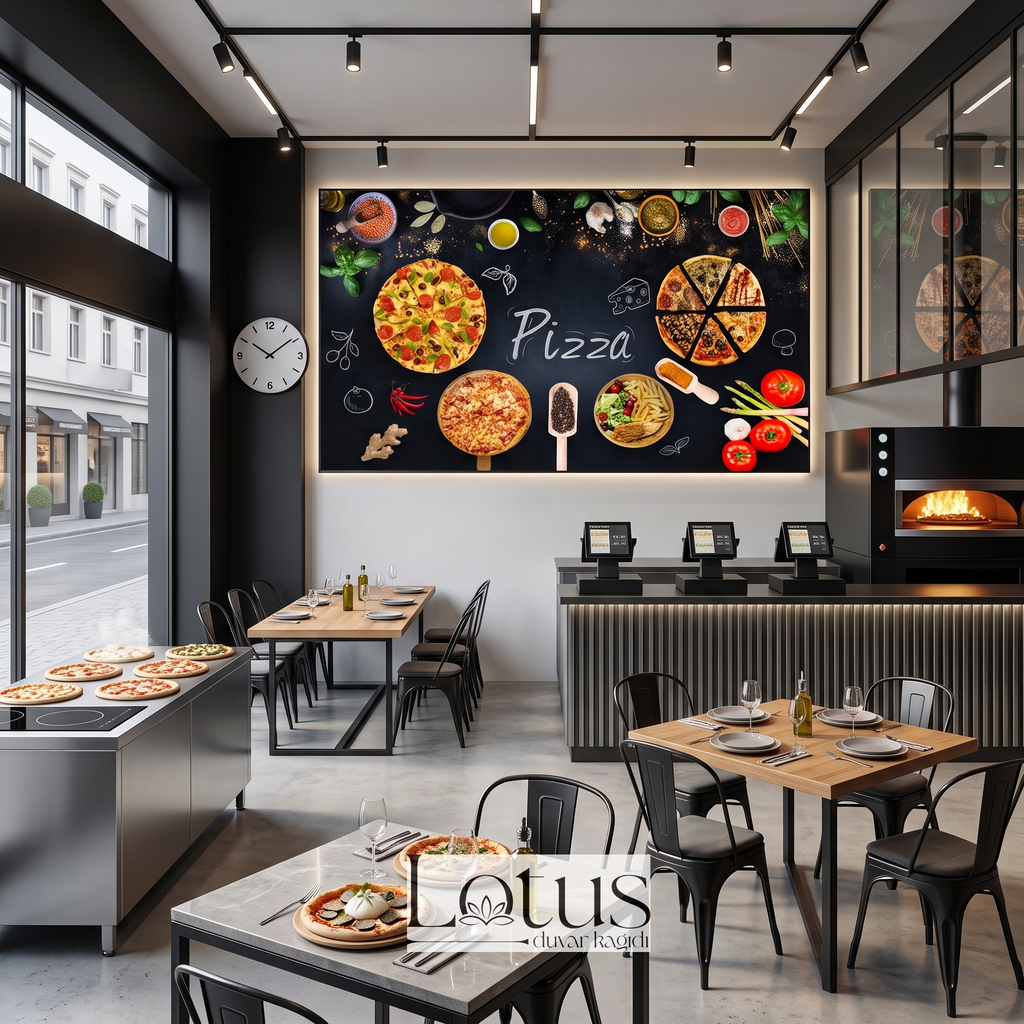 Modern pizzeriada fırın ve masalar arkasında uygulanan siyah zeminli Pizza yazılı İtalyan restoran duvar kağıdı