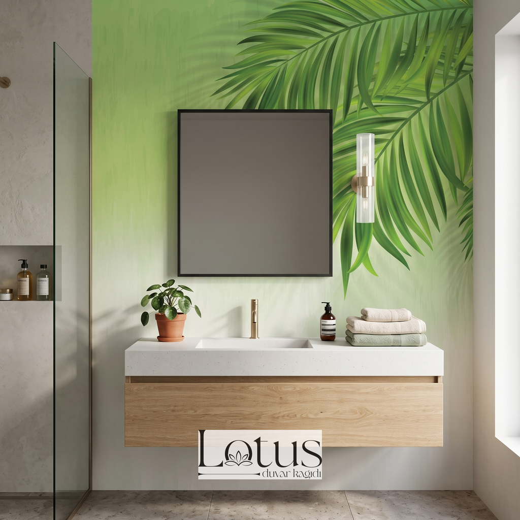 Ahşap lavabo tezgahı ve kare ayna arkasında uygulanan açık yeşil fonlu palmiye yapraklı banyo duvar kağıdı