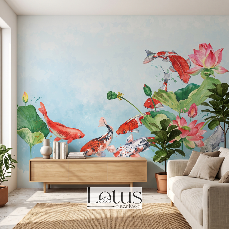 Krem koltuk ve ahşap konsol arkasında tercih edilen sulu boya Koi balıklı ve lotus çiçekli salon duvar muralı