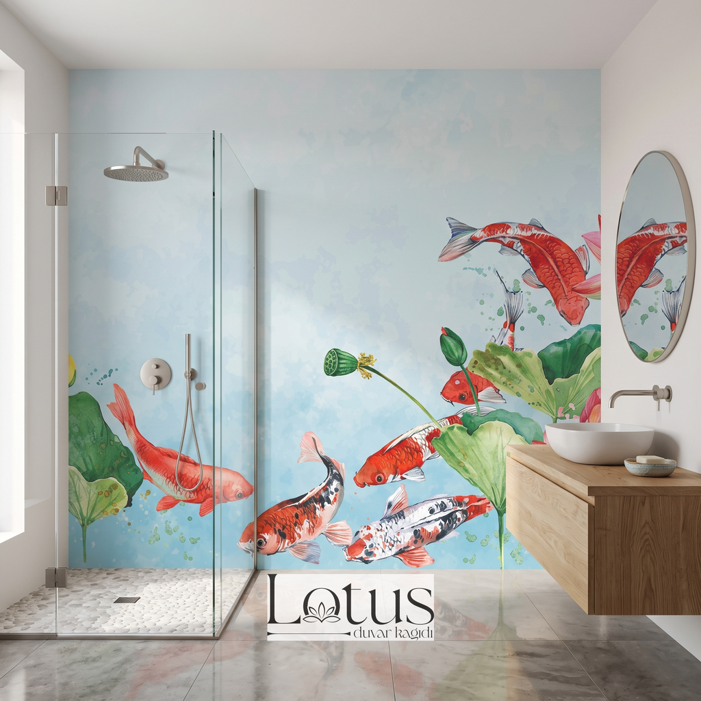 Cam duşakabin ve ahşap lavabo tezgahı arkasında uygulanan mavi zeminli Koi balığı ve lotus desenli banyo duvar kağıdı