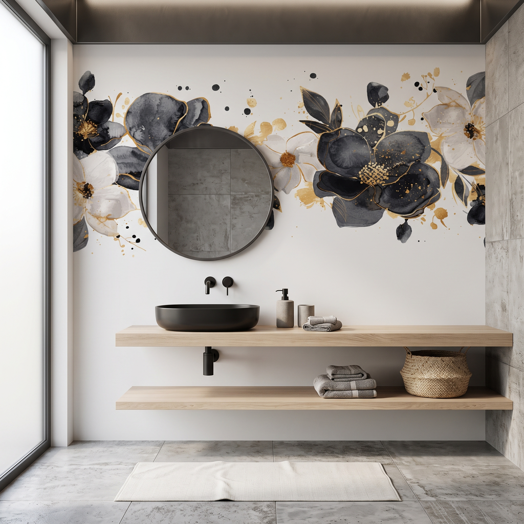 Banyo ve antre için suya dayanıklı modern botanik çiçekli duvar kağıdı dekoru