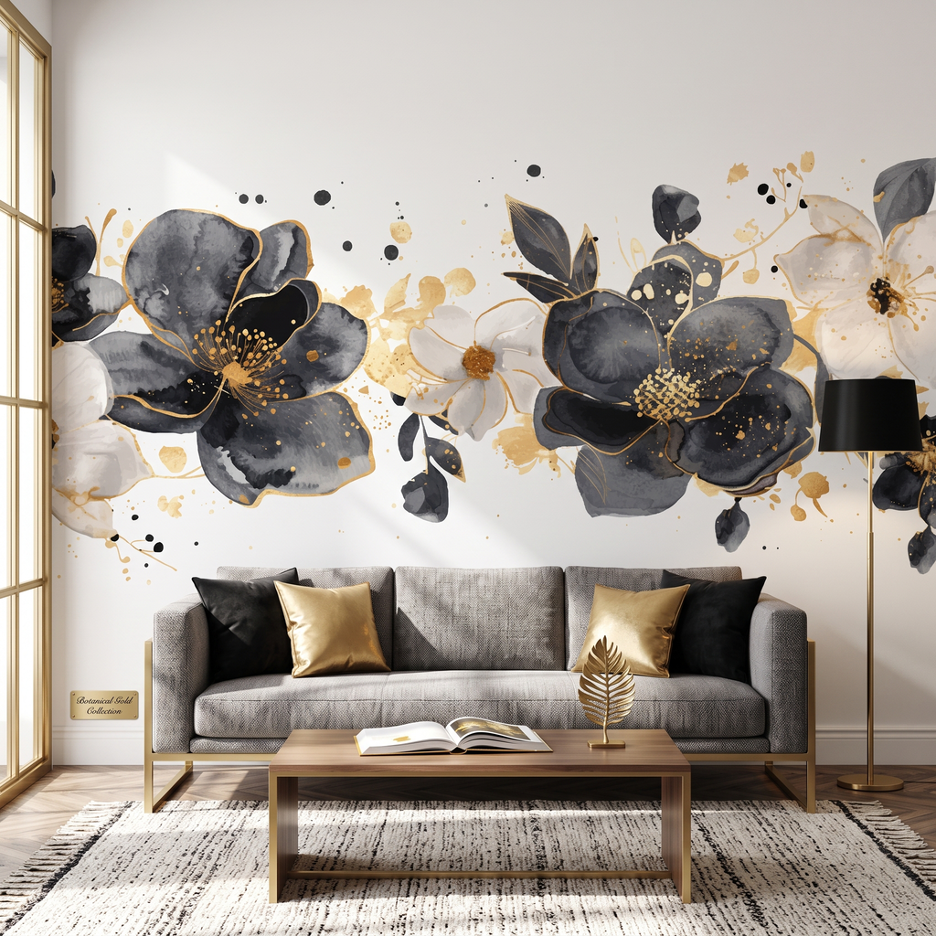 Modern salon duvarında siyah ve altın sarısı botanik çiçek desenli lüks duvar kağıdı uygulaması