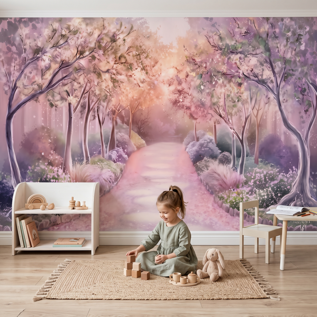 Oyun alanı dekorasyonunda çocuk sağlığına uygun silinebilir pembe orman duvar posteriposteri