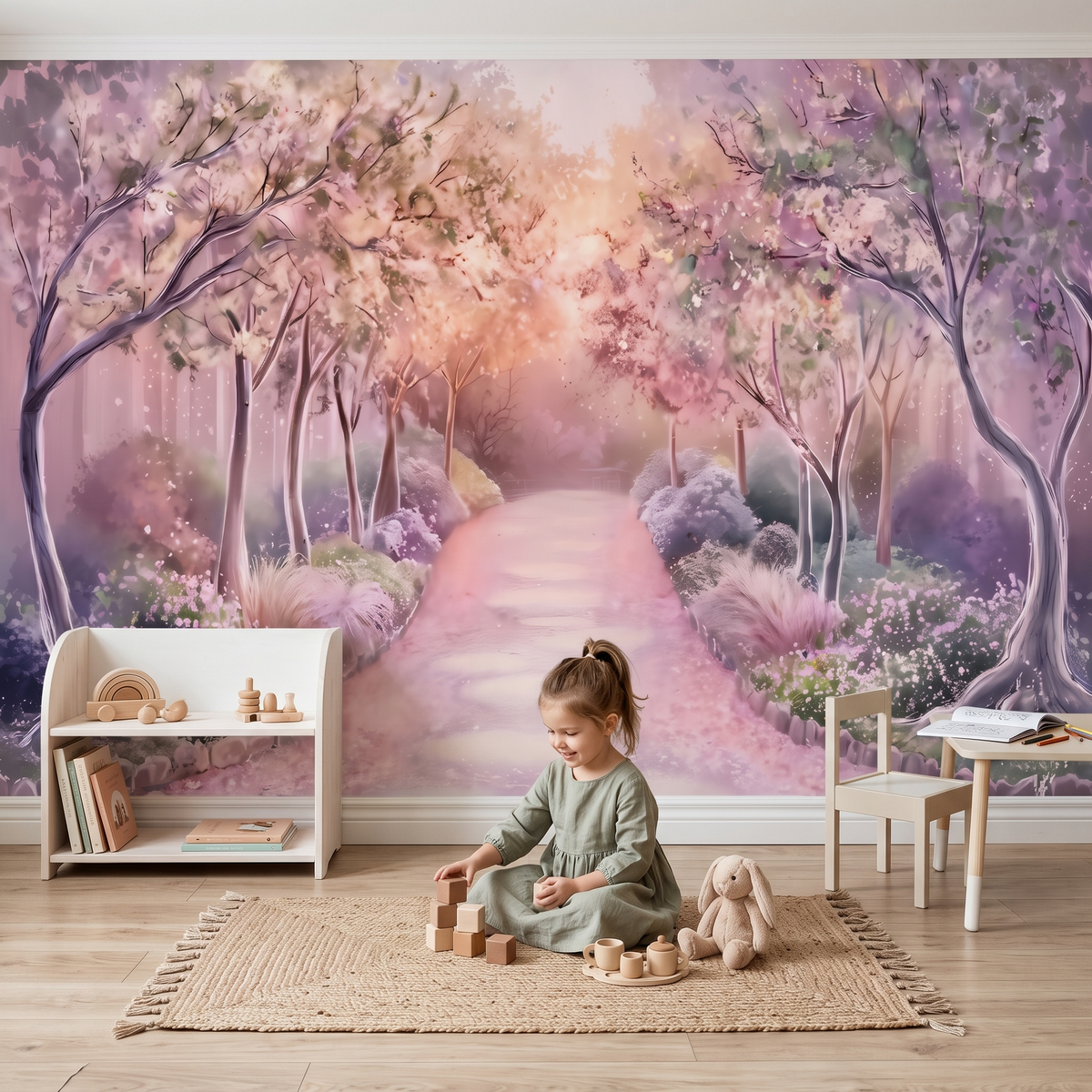 Oyun alanı dekorasyonunda çocuk sağlığına uygun silinebilir pembe orman duvar posteriposteri