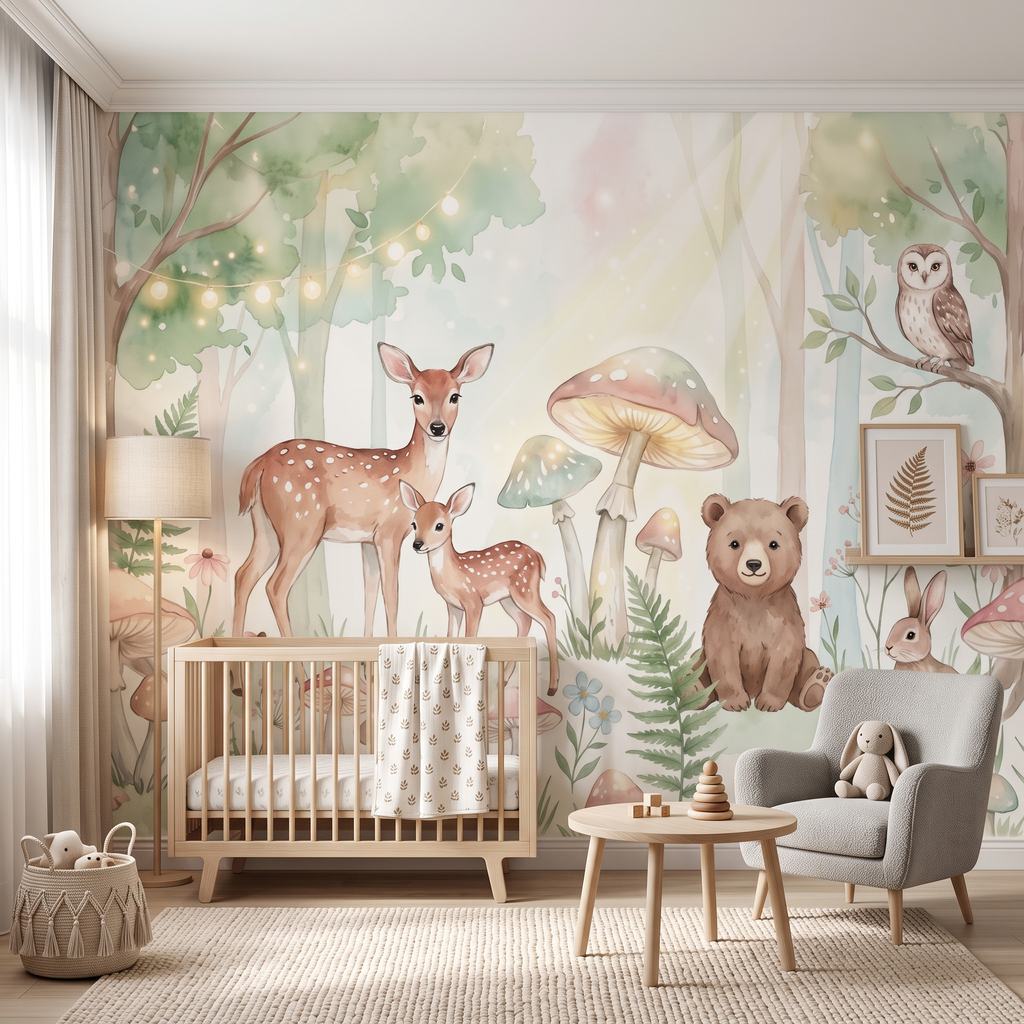 Pastel tonlarda orman temalı suluboya bebek odası duvar muralı, ahşap beşik ve berjer koltuklu nötr bebek odası tasarımı