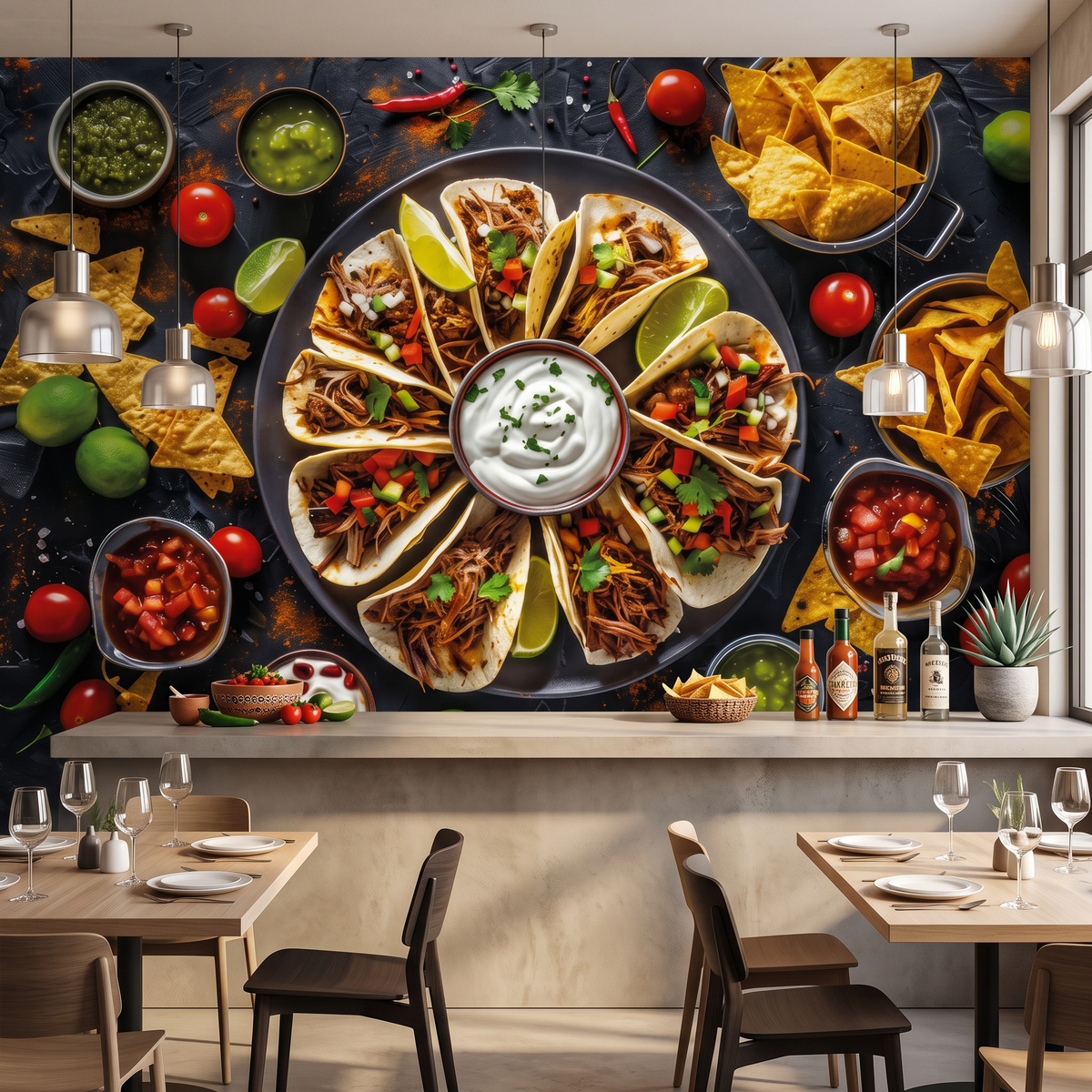 Türkçe: Modern restoran yemek salonunda uygulanan Meksika mutfağı taco ve salsa sos desenli büyük boy duvar kağıdı mockup