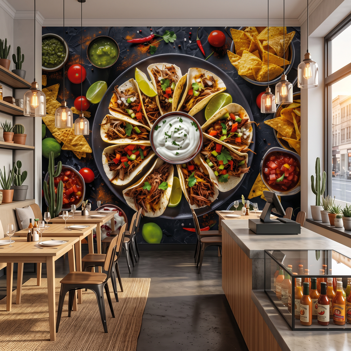 gerçekçi lokanta ortamında sergilenen çıtır nacho ve taco duvar kağıdı kaplaması