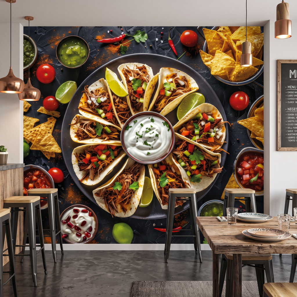 Rustik ahşap masa ve bar tabureli kafe oturma alanında taco temalı gastronomi duvar kağıdı